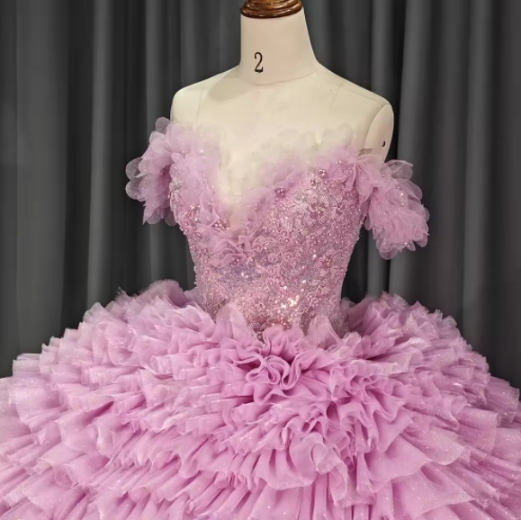 Elegant Off-the-shoulder Beaded V-neck Pink Multi-layer Skirt Tulle Quinceanera Ball Gowns Cake Dresses For 15 Girls