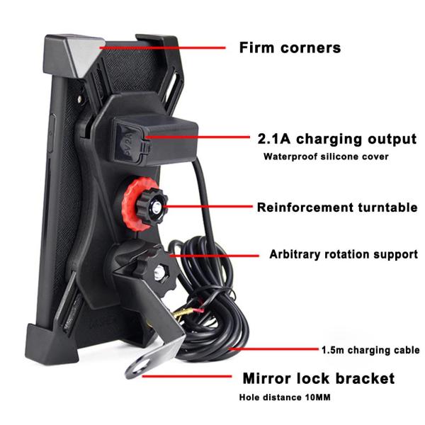 FCC 360D Waterproof Heavy Duty Motorcycle Phone Mount , USB ABS Telescopic Phone Holder