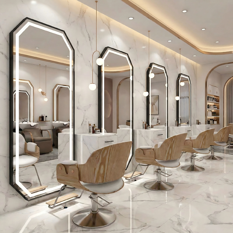 Modern Italian LED Aluminum Octagonal Mirror Full Length Wall Mounted Lighted Vanity Mirror for Luxury Hair Salon & Home Decor