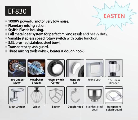 Easten 1000W Kitchen Mixer for Canada/SK1 Glass Blender Stand Mixer EF830 / 3-in-1 Plastic 5.3 Liters Kitchen Hand Mixer