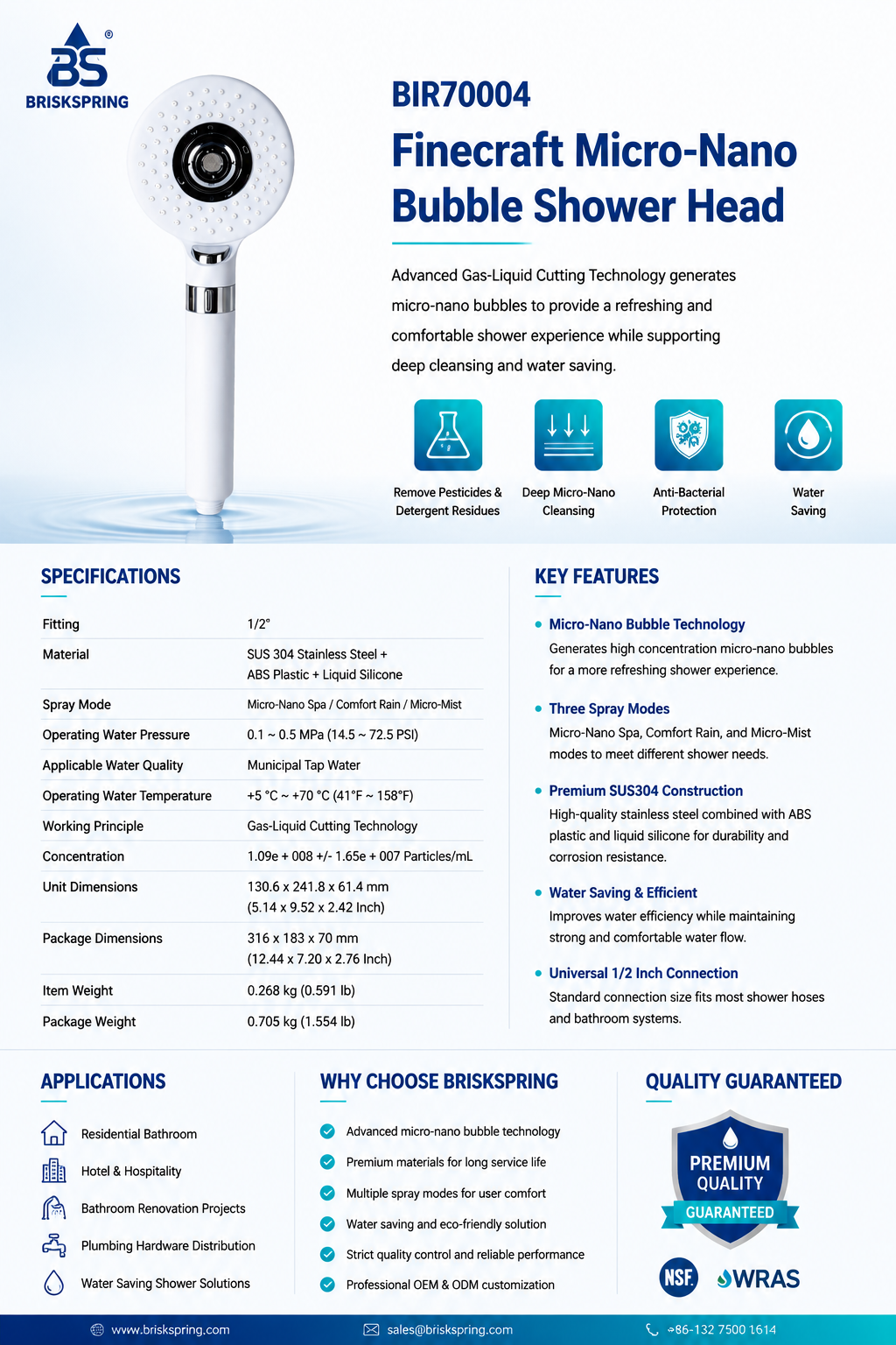 BriskSpring Micro-Nano Bubble Handheld Shower with 3 Spray Modes Water Saving and SUS304 Stainless Steel Construction