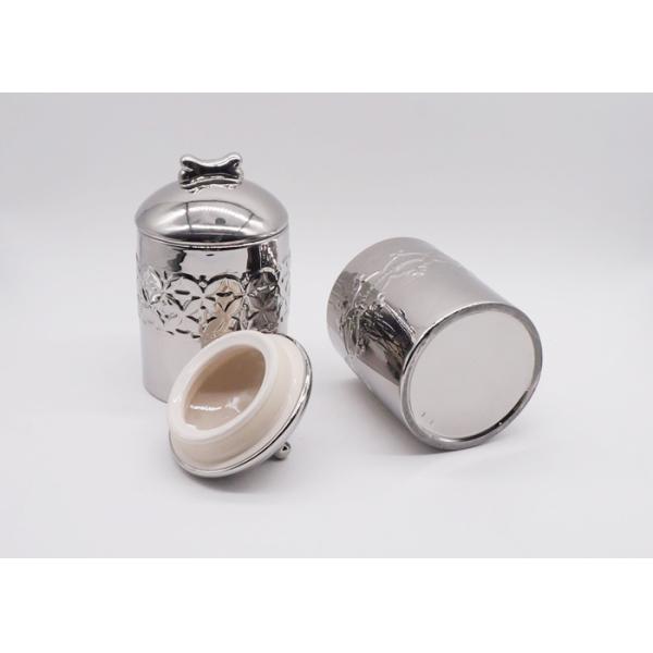 Electroplated Silver Plating Ceramic Pet Treat Jar , Airtight Food Canisters Round Shape