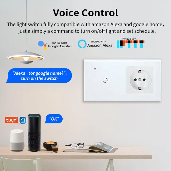 Smart Touch Light Switch with USB Type-C Wall Socket featuring 157mm Glass Panel WiFi Tuya Remote Control and 2-in-1 Bedside Power Station
