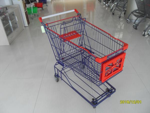 Supermarket 150 L Four Wheel Shopping Cart Zinc Plated And Red Plastic Parts