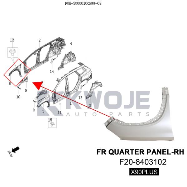 F20-8403102 Panel de cuarto de guardabarros delantero derecho para Jetour X90 PLUS
