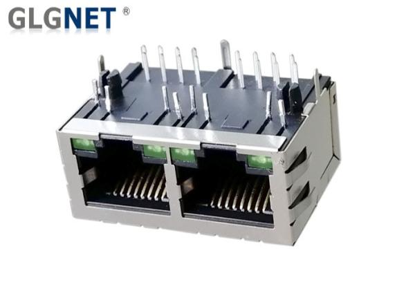 2 Ports 1x2 LAN Rj45 Connector Tab Down RJ45 Jack Copper Alloy Shield With LED