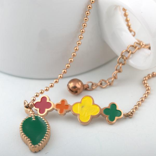 Colorful Four Leaf Clover Bangel, Stainless Steel Chain, Rose Gold Bracelet