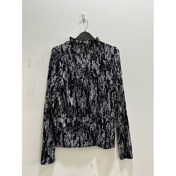 Black & White Abstract Print Ruffled High Neck Long Sleeve Top - Modern Artistic Style