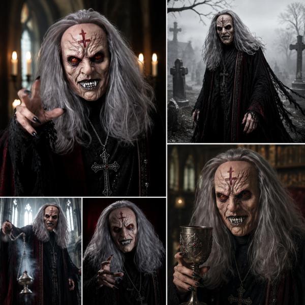 Scary Demonic Elder Zombie Latex Full Head Mask with Gray Hair Wrinkled Rotting Skin Red Glowing Eyes Sharp Horror Teeth Realistic Horror Costume Prop for Halloween Cosplay Party Haunted House