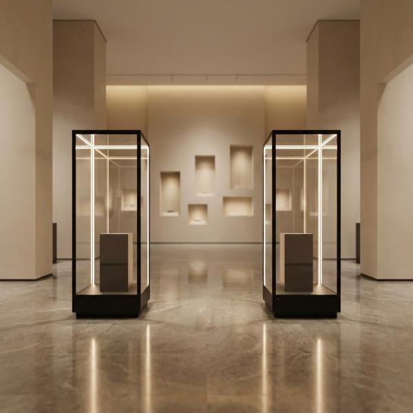 Glass Panel Metal Frame Freestanding Display Cabinet Museum Display Cabinet With LED Lamp