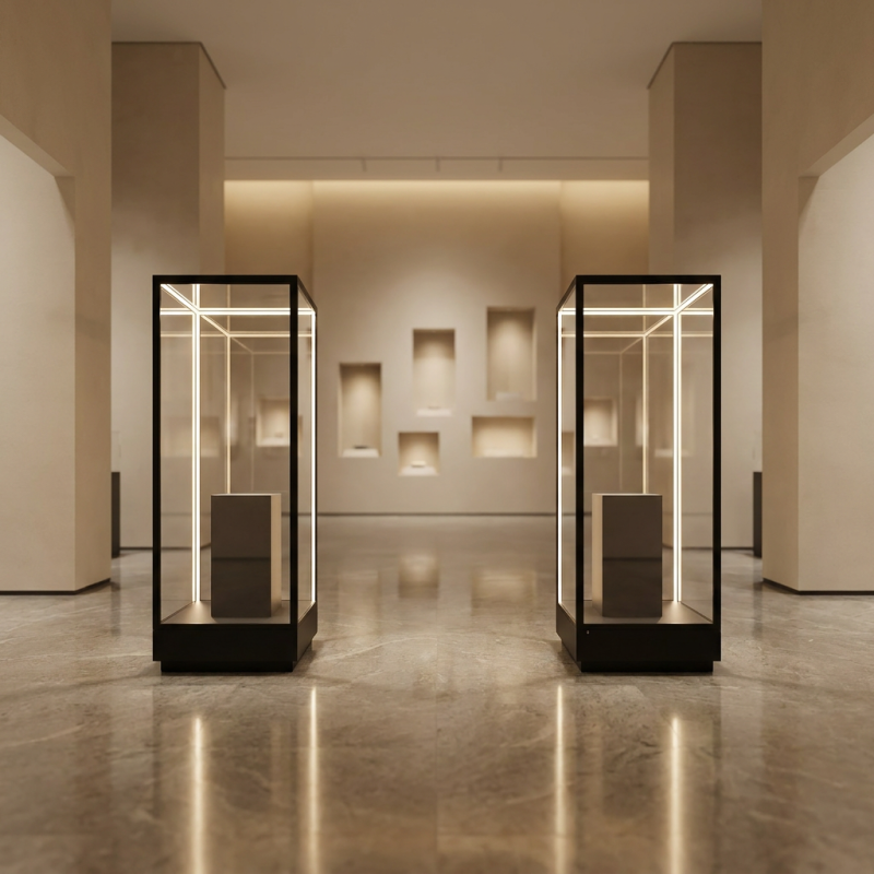 Glass Panel Metal Frame Museum Showcase with LED Lamp Freestanding Display Cabinet