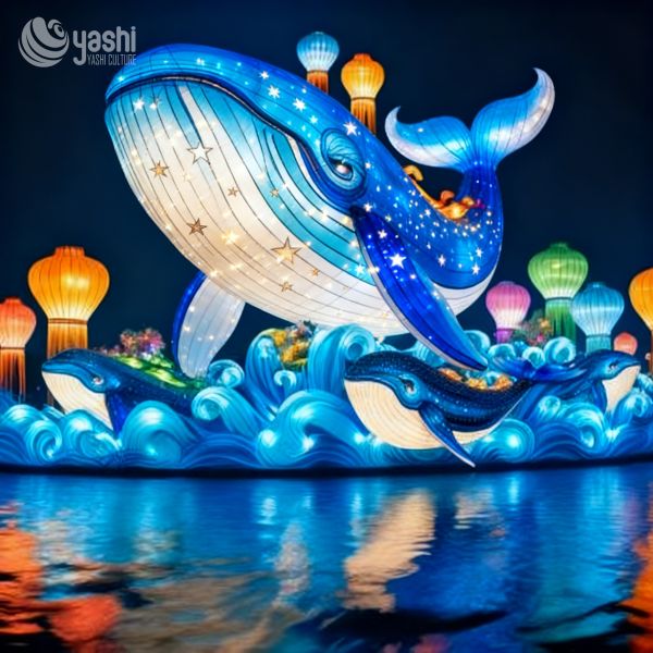 Lanternes décoratives pour parc à thème zoo, lanterne famille baleine bleue, lanternes décoratives scène aquatique nocturne