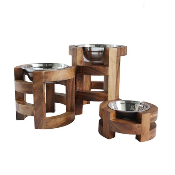Feito em estilo moderno elevado de bambu madeira alimentador de animais com tigelas de aço inoxidável