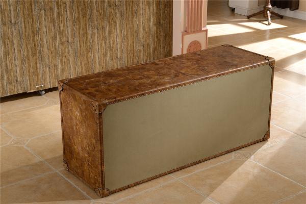 Full Handwork Craft Brown Leather TV Stand Cow Leather Fur Cover Brass Nails Decoration
