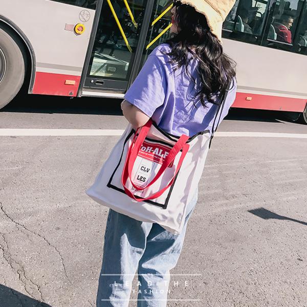 New Korean fashion personality school style contrast color canvas bag women's portable shoulder bag simple fashion bag