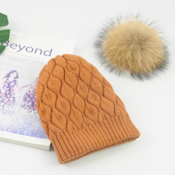 Winter Knitted Real Fur Girls Pom Pom Beanie Hat 100% Acrylic Wool Keep Warm