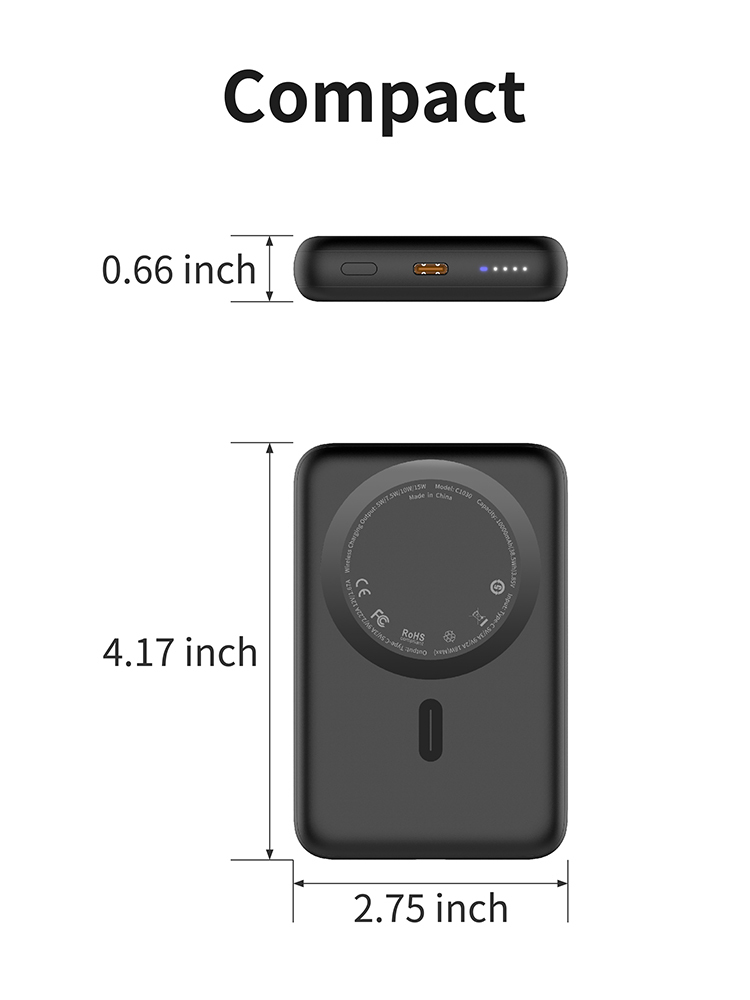 Compact Design 10000mAh Magnetic Wireless Power Bank, Type-C PD Input & Output, 5W/7.5W/10W/15W Fast Wireless Charging Portable Charger