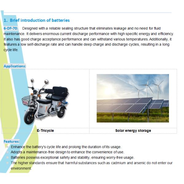 ISO9001 Rechargeable Maintenance Free Sealed Lead Acid Battery 12v 70ah 6-DF-70 For Electric Tricycle