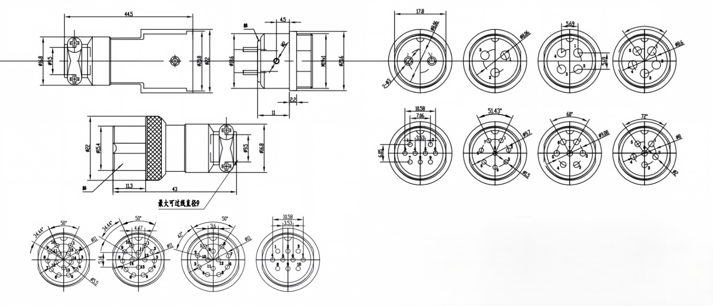 GX20 Series Circular Connector 12 Pin Male Plug PCB Connector GX20-12P Zinc Alloy Shell Connector