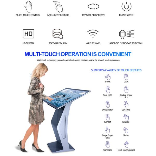 43-65 Inch Floor Standing Self-Service Kiosk with 3840x2160 Resolution, 178° Viewing Angle, and IP54-Rated Casing for Indoor Digital Signage