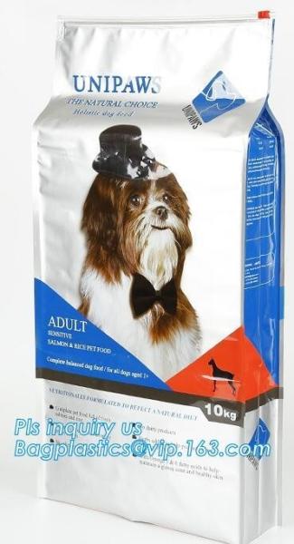 15kg 20kg side gusset plastic bag pet food packaging with slider zipper, flat bottom plastic pet food bag with slider zi