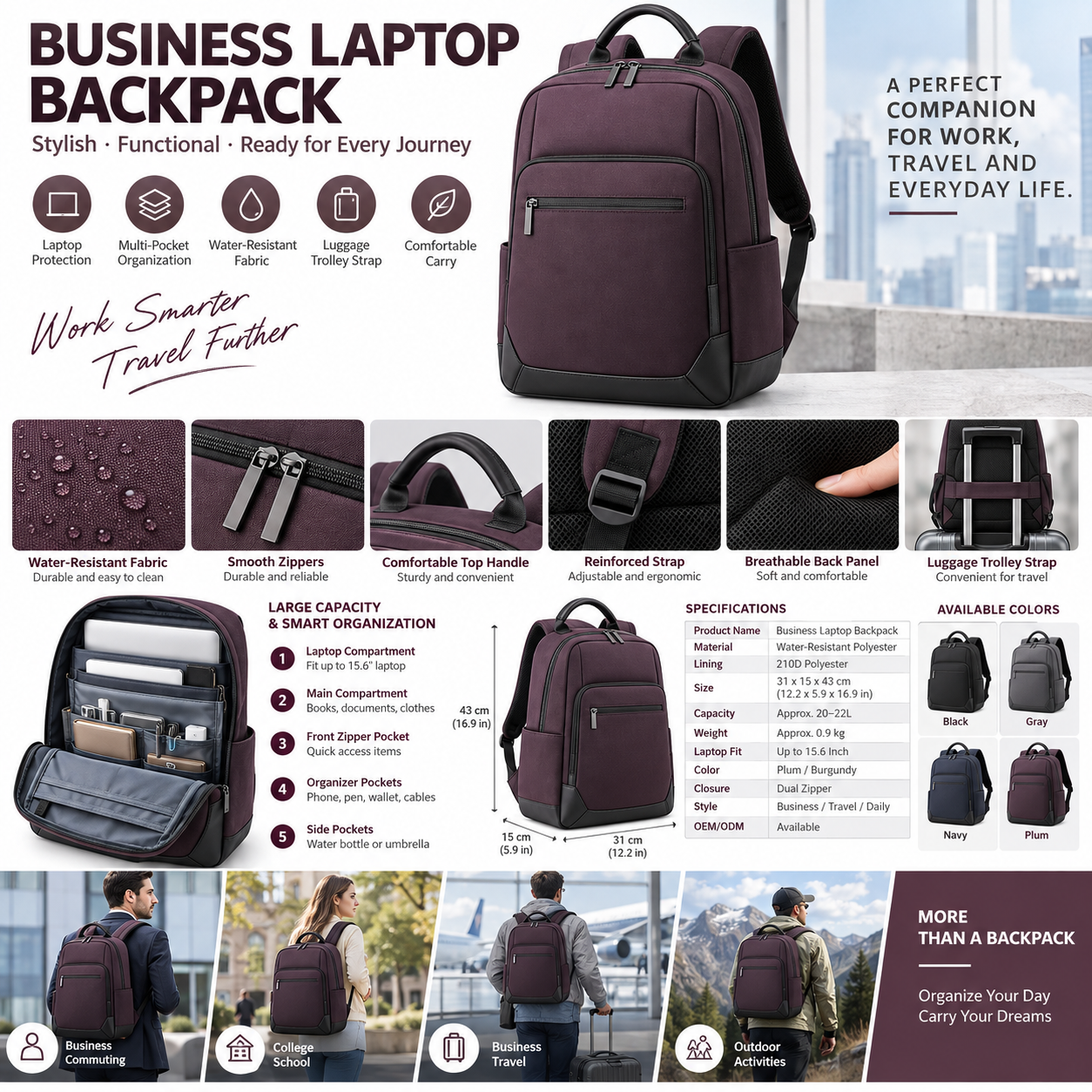 Professional Business Laptop Backpack Manufacturer , Water-Resistant Travel Computer Backpack with Multi-Layer Storage, Front Zipper Pocket, Side Pockets & Padded Back Support