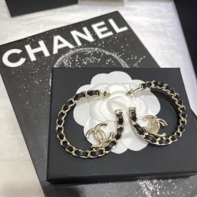 Chan*l-Inspired Luxury Earrings with Lambskin Leather and Double C Design in Light Gold and Black 15-18mm Size