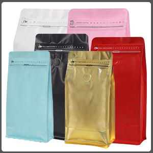 Golden High Barrier Aluminumed Foil Flat Bottom Standing Coffee Beans Storage Bags, Reusable Sealable Side Zipper