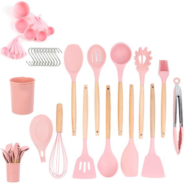 Stocked Silicone Kitchenware Cookware Sets With Wooden Handle Heat Resistant for OEM/ODM