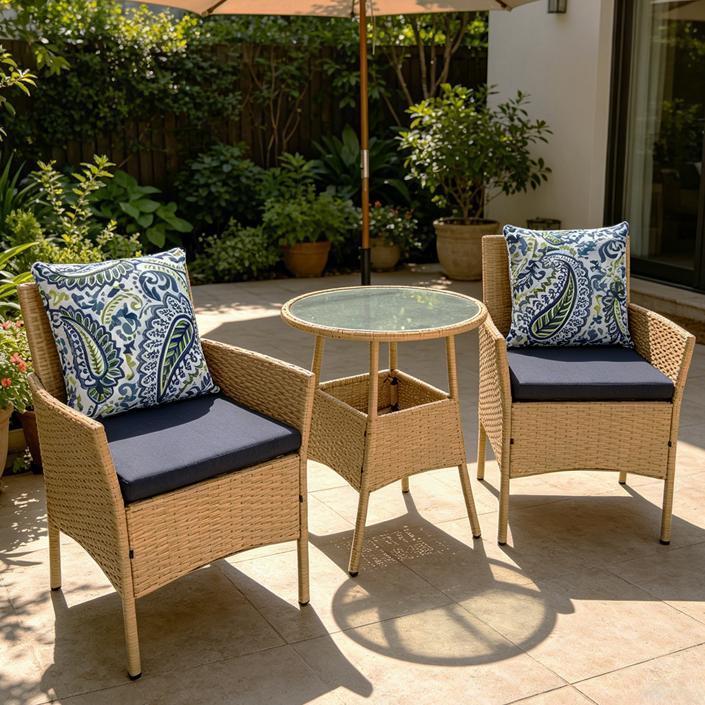 Wholesale 3 Piece Set with Cushions Poly Rattan Fresco Dining or Lounging in the Garden Small Size Table and Chairs