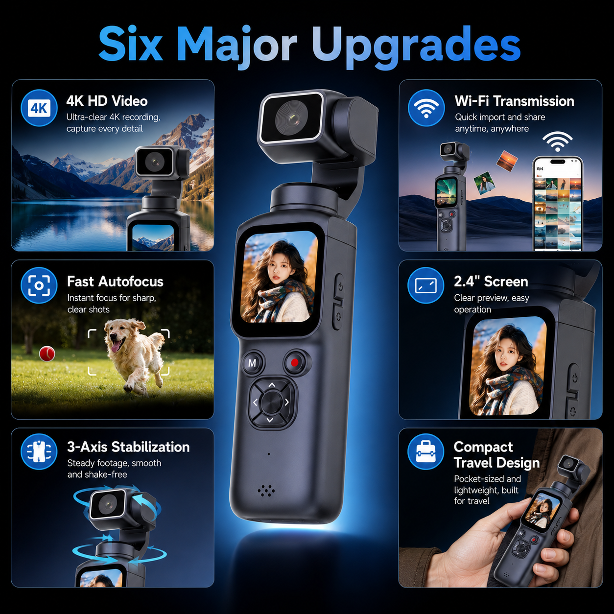 Touch Screen 4K Pocket Camera WiFi Multi Function 270° Face Tracking Pocket Action Camera