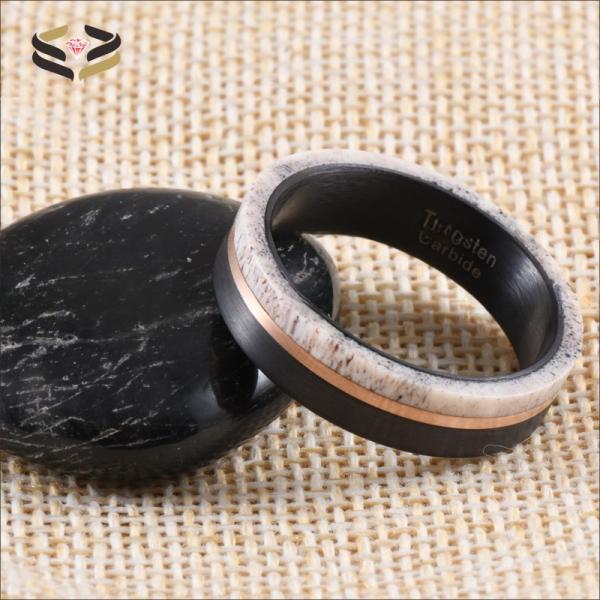 Occasions Christmas/ Year/Father's Day Men's Customized Handmade Black Tungsten Inlay Deer Horn Antler Wedding Band Ring