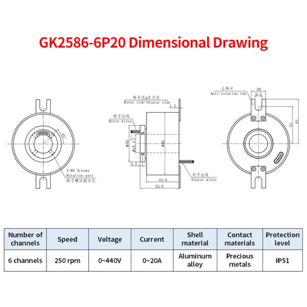 6-channel 20-hole electric slip rings with a central hole design are for industrial robots and robotic arms