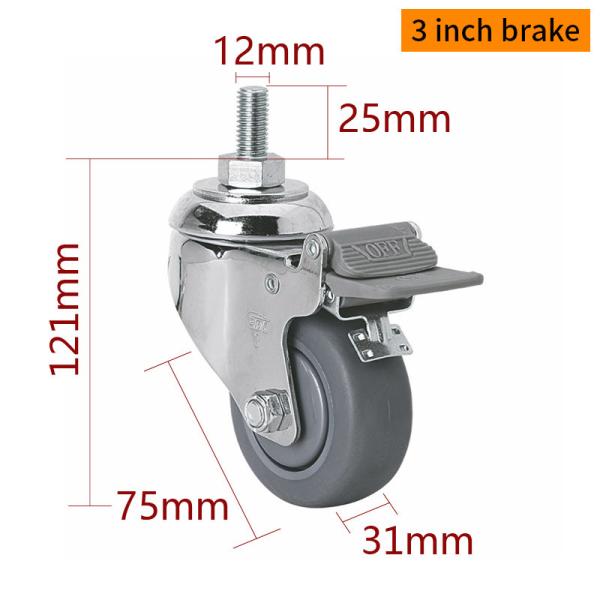 TPE 3 Inch Metal Casters Chrome Coating 75mm Swivel Castors With Brakes