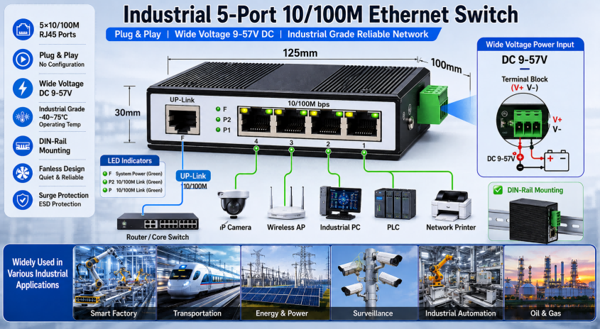 5 Port Industrial Ethernet Switch 100Mbps Unmanaged DIN Rail IP40 -40℃~85℃