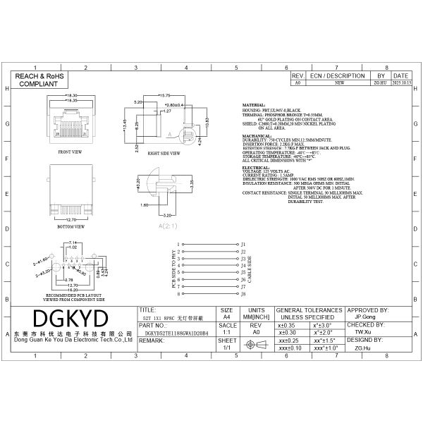 RJ45 vertical with ear mesh port, no light, shielded feet, 4.24mm DGKYD52TE1188GWA1D20B4