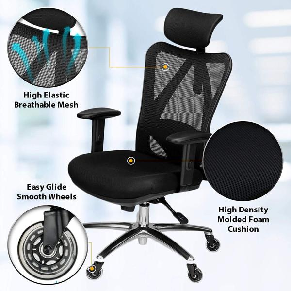 Thickened Seat Cushion Ergonomic Home Computer Desk Chair with Lumbar Support Headrest and Armrests