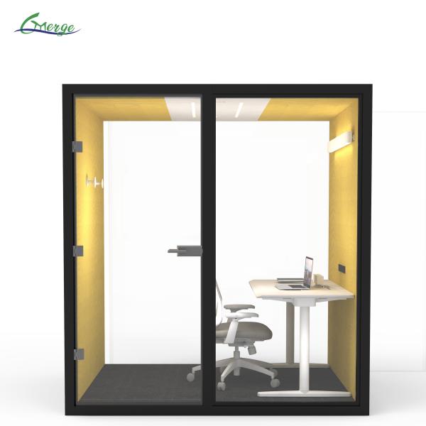 Built-in Fan Soundproof Phone Booths for Offices with Adjustable Desk Work Surface and Tempered Glass Door Material