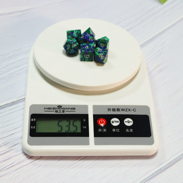 Natural Azurite Malachite Stone Polyhedral Dice Set - Hand Carved DND Dice with Silver Ink Engraved Numbers