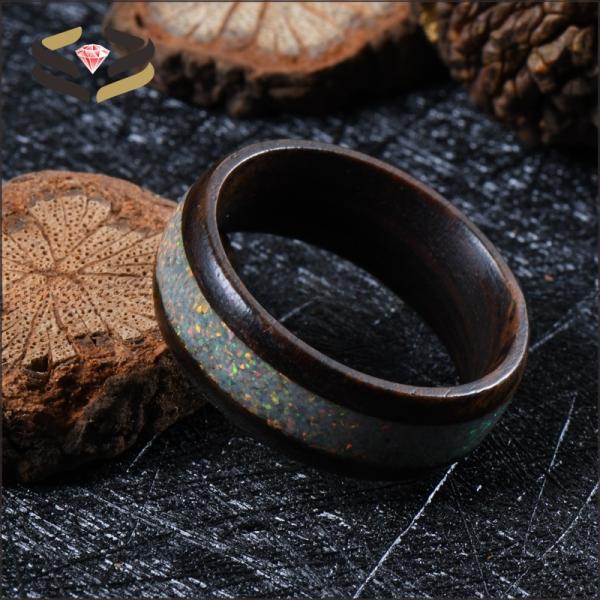 Naturaleza de la boda Koa Anillos de madera 8mm incrustación de ópal de fuego blanco con configuración invisible