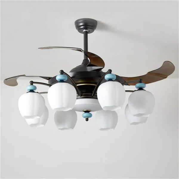 Luxury Ceiling Fan Light Remote LED Electric Fan Light with glass lampshade metal Stealth Fan Light (WH-VLL-28)