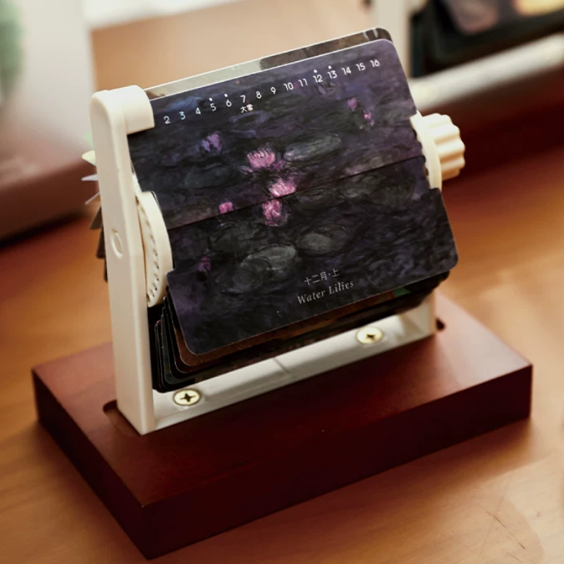 Hand-Crank Mechanical Flip Desk Calendars With Wooden Stand For Office Decor