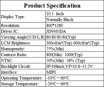 Customized 10.1 Inch HD Industrial LCD Display IPS LCD Screen 800x1280 Pixels