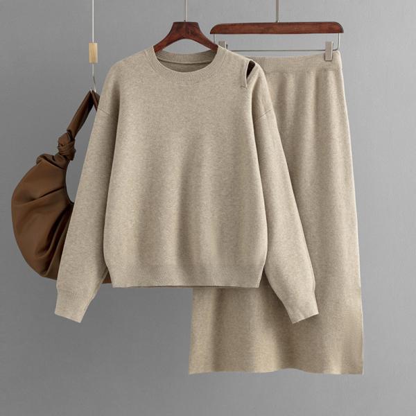 Fall Sweater and Free Shipping for Fall Season 2024 New Loose Women's Round Neck Sweater Half Skirt Set