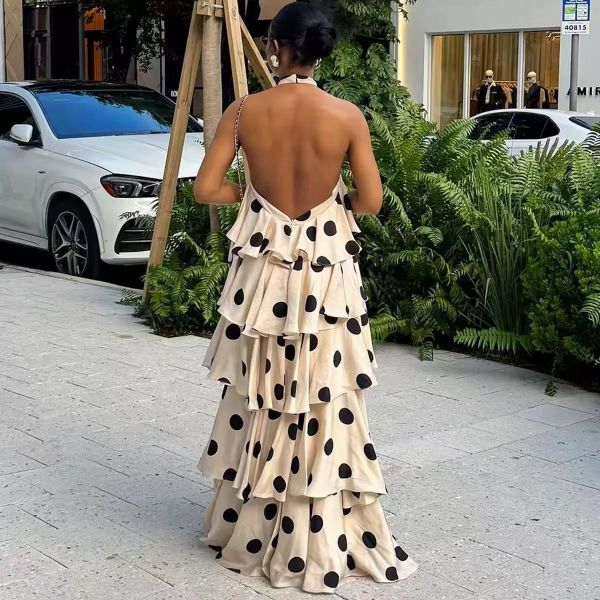 Polka Dot Maxi Dress - Feminine Design Long Dress with Flowy Silhouette