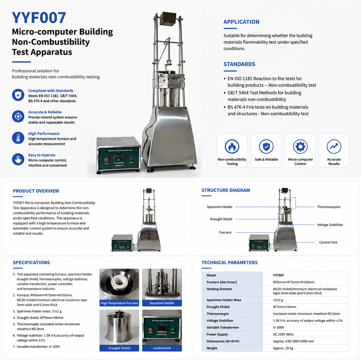 EN ISO 1182 Compliant Micro-computer Controlled Non-combustibility Tester with 80/20 Nickel/Chromium Furnace