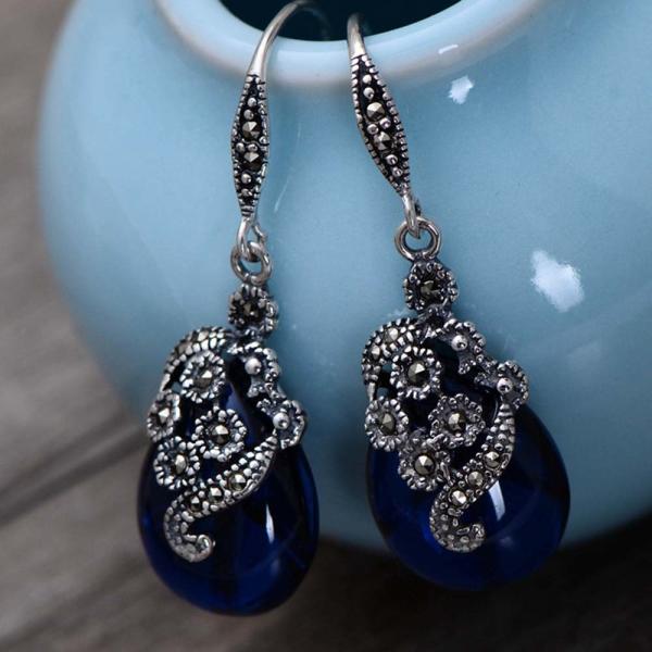 Women Retro Sterling 925 Silver Synthetic Sapphire Marcasite Drop Earrings (029331)