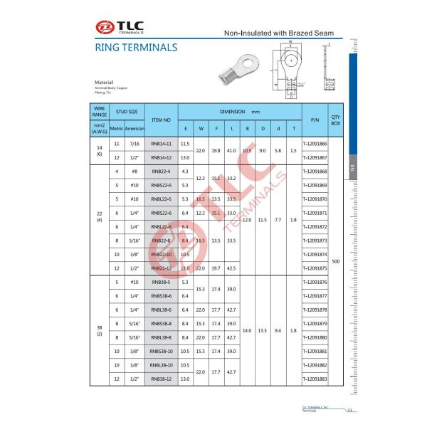 Non Insulated 600V Ring Terminals 105°C Temperature Rating 14-70mm2
