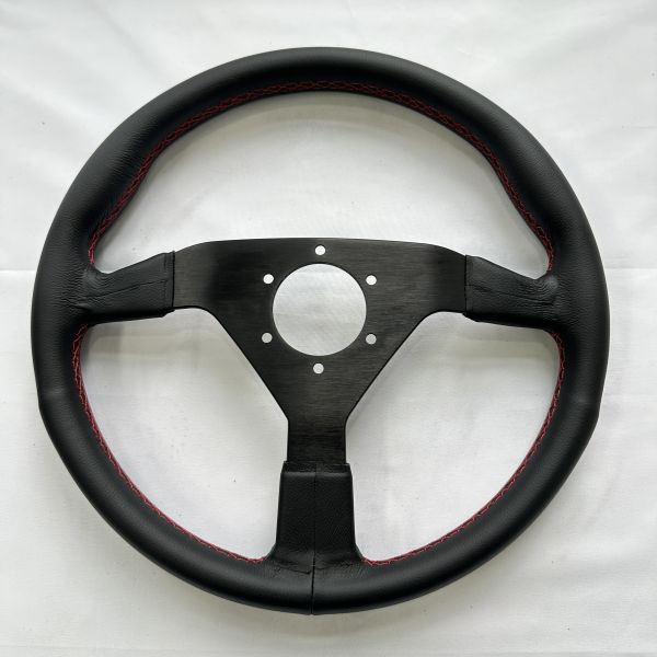 DELUXON 350mm Dia Racing Steering Wheel With 36mm Dish , Black Microfiber Leather , 5 MM 6061 Aluminum Alloy Black Spoke,Red