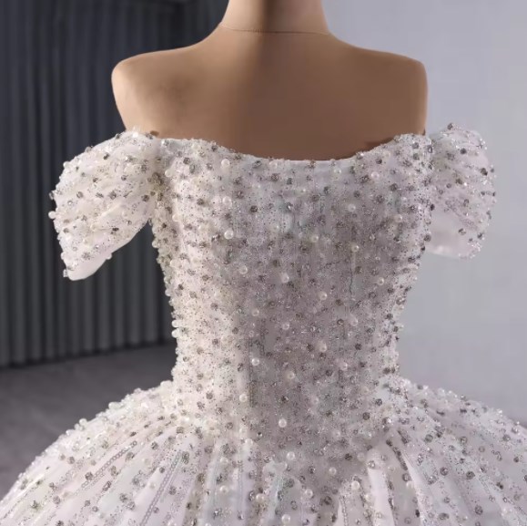 Shiny Off-the-shoulder Beaded Puffy Empire Ball Gown Court Train White Sequins Wedding Dresses